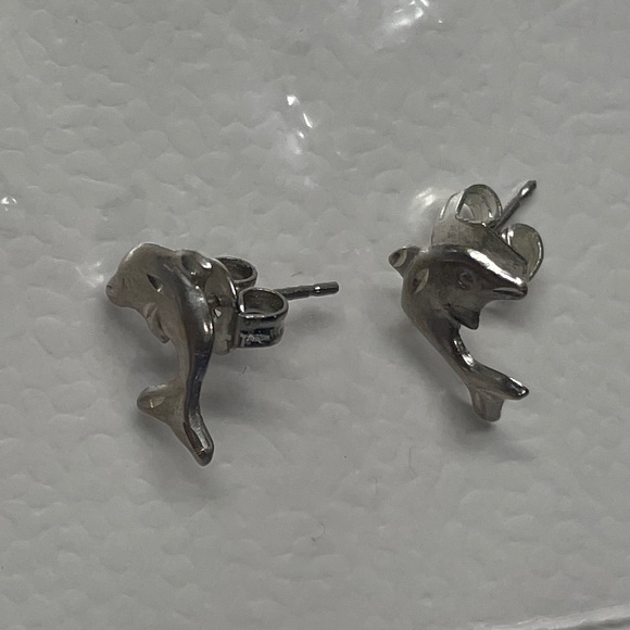 Silver tone dolphin earrings for pierced ears small - Picture 1 of 3